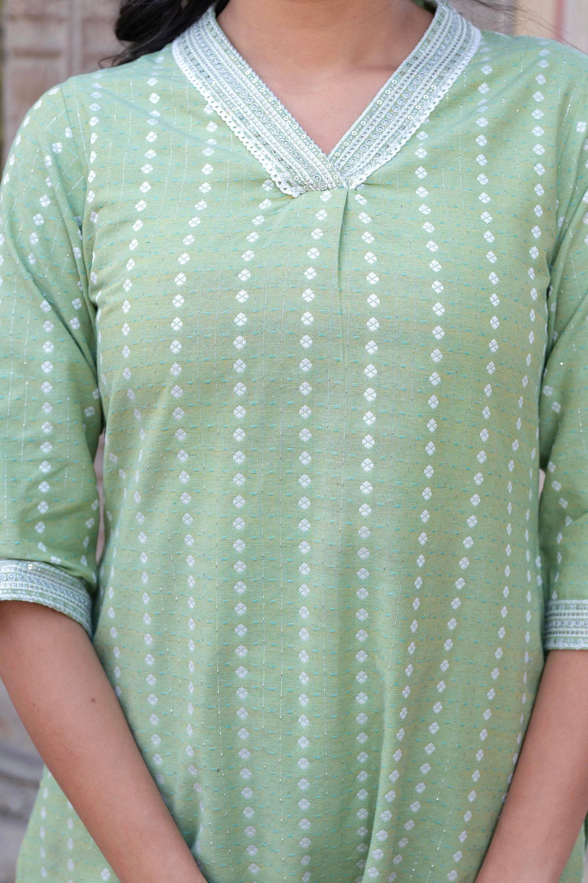 Juniper Sage Green Brocade Kurta-Pant & Dupatta Set with Sequins | Grocsy
