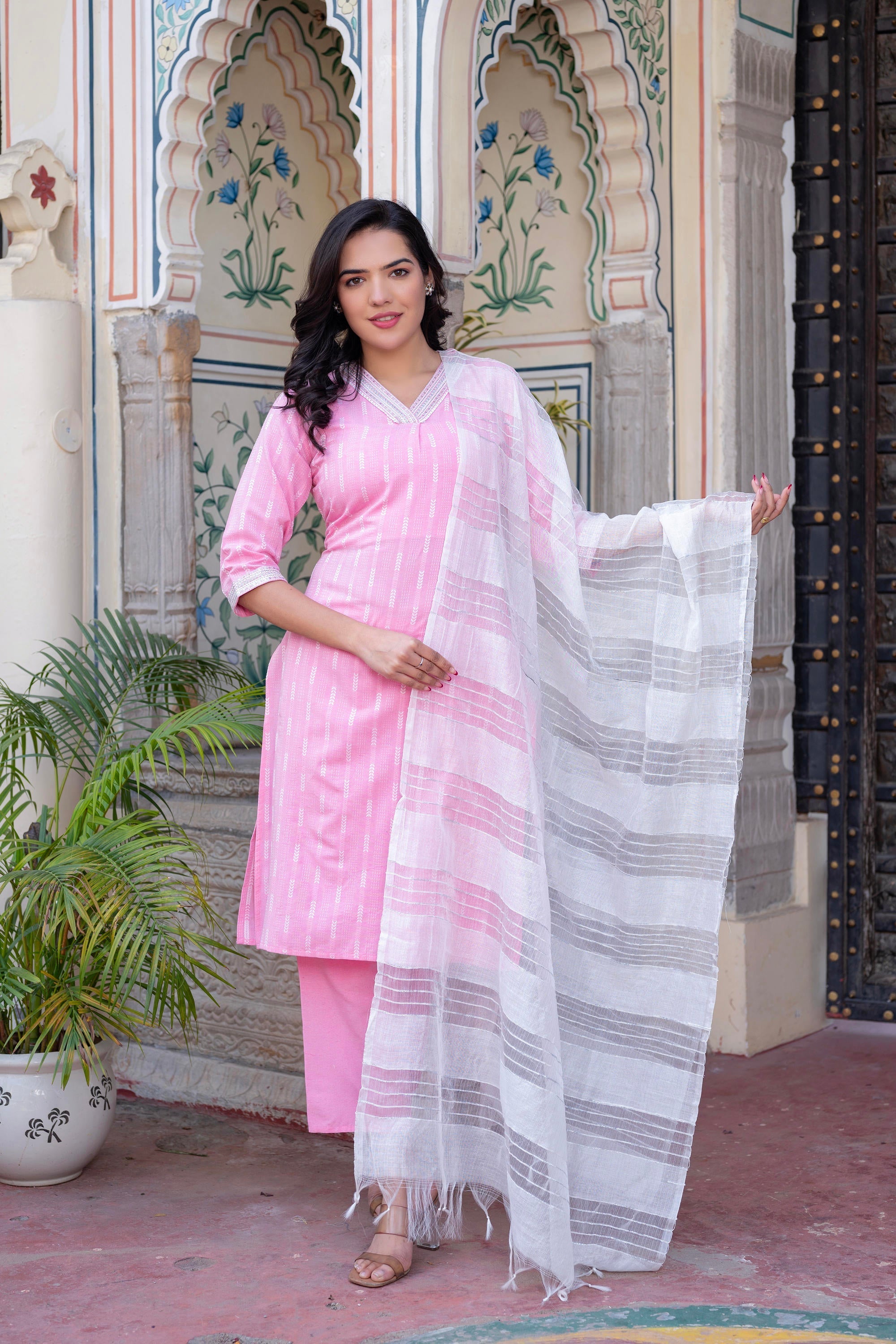 Juniper Pink Brocade Kurta-Pant & Dupatta Set With Sequins & Tassels | Grocsy