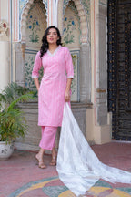 Juniper Pink Brocade Kurta-Pant & Dupatta Set With Sequins & Tassels | Grocsy