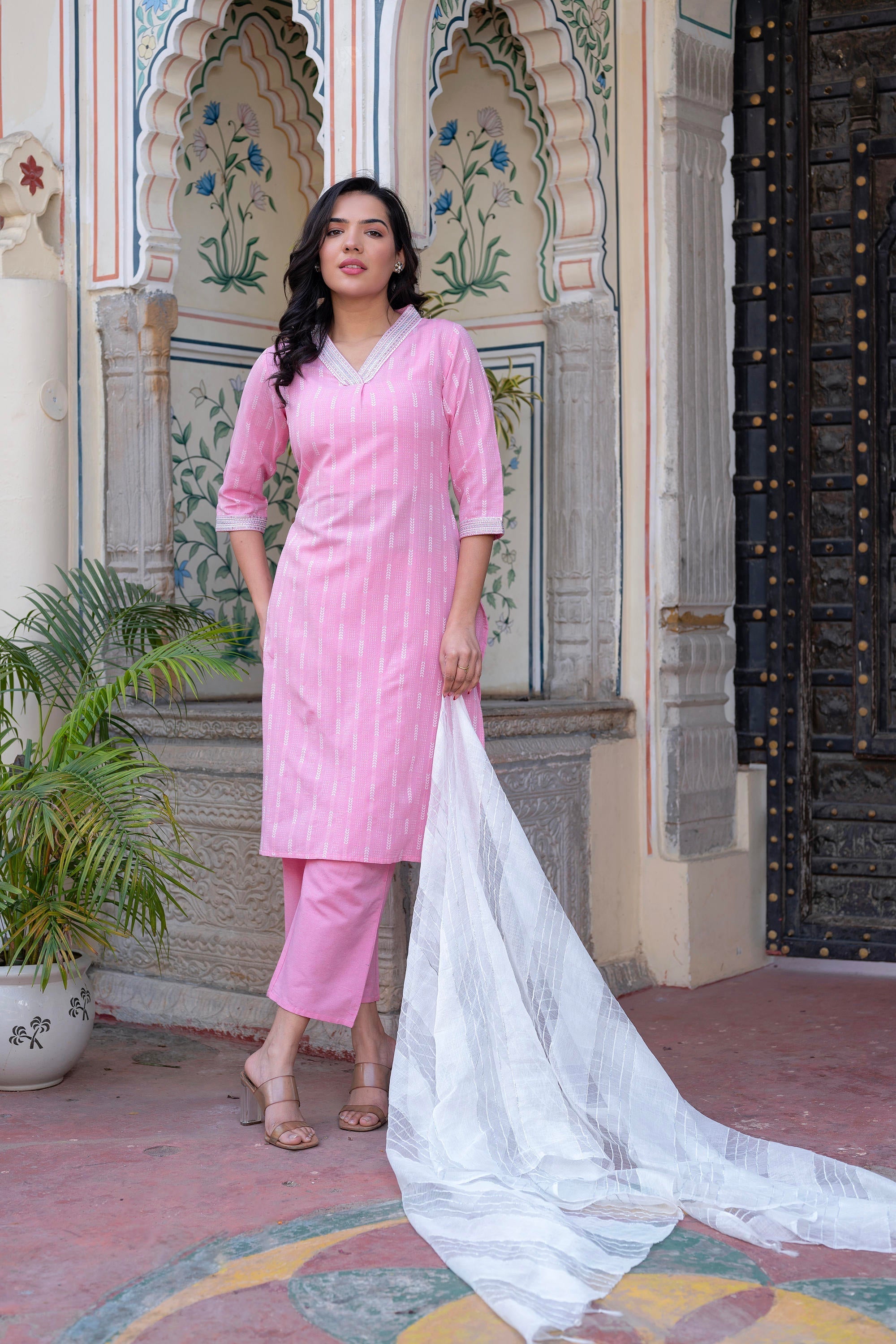 Juniper Pink Brocade Kurta-Pant & Dupatta Set With Sequins & Tassels | Grocsy
