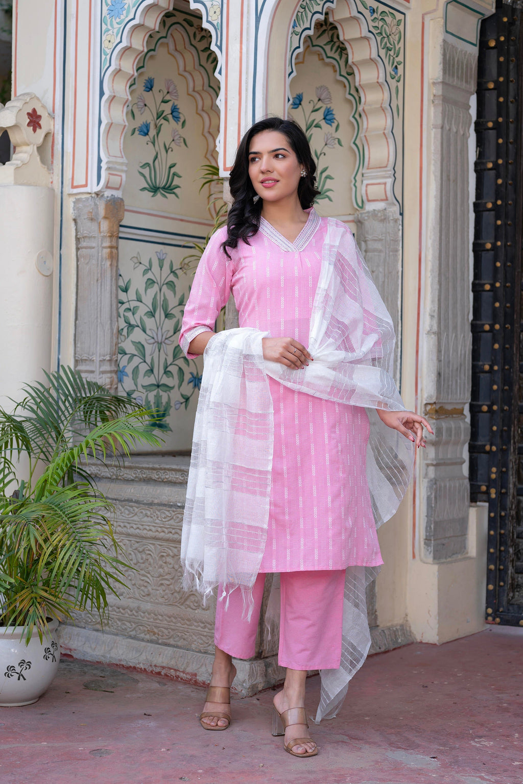 Juniper Pink Brocade Kurta-Pant & Dupatta Set With Sequins & Tassels | Grocsy