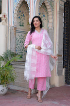 Juniper Pink Brocade Kurta-Pant & Dupatta Set With Sequins & Tassels | Grocsy