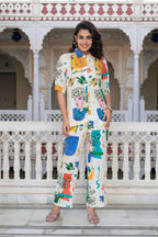 Juniper Multicolor Abstract Printed Co-Ord Set In White Base | Grocsy