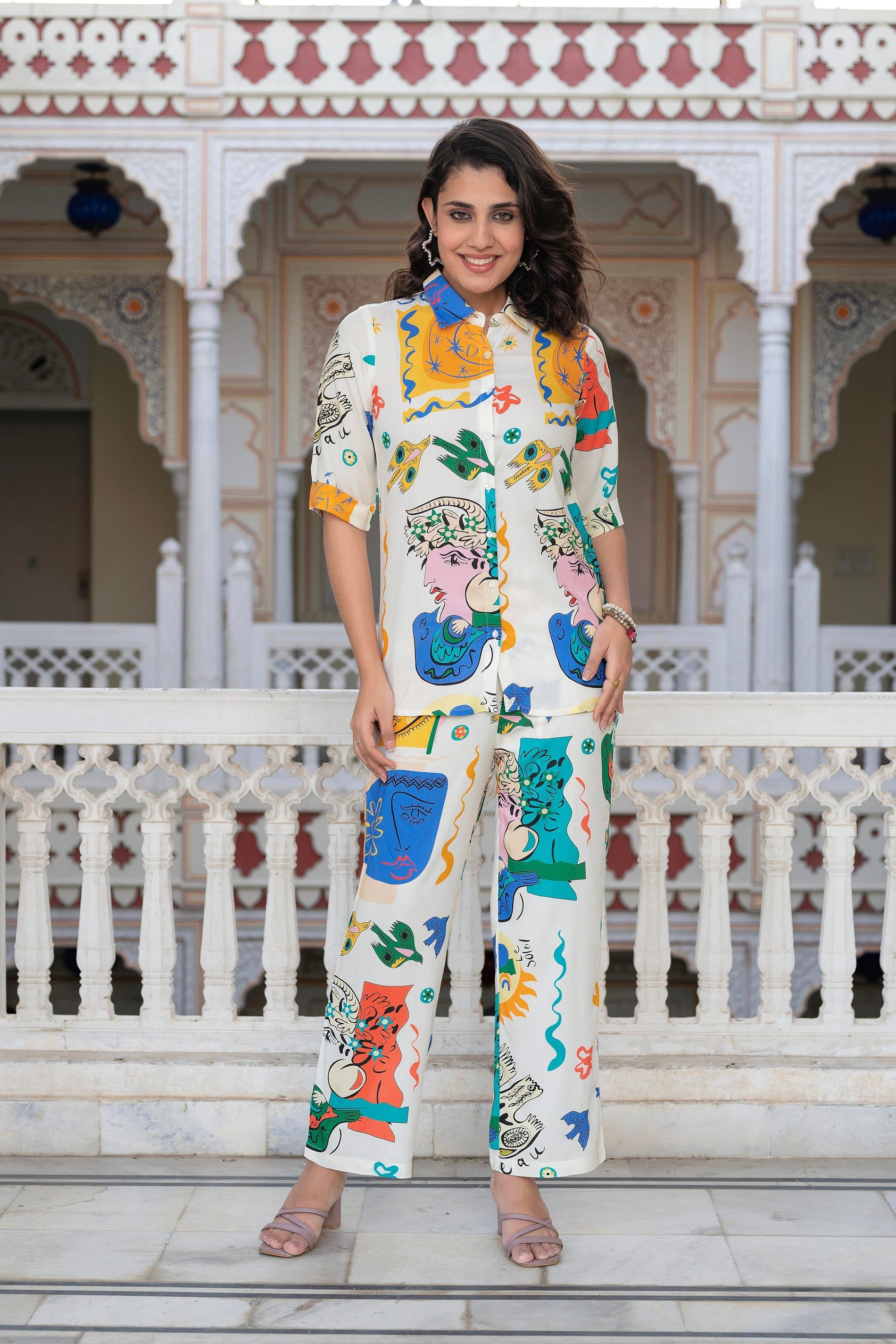 Juniper Multicolor Abstract Printed Co-Ord Set In White Base | Grocsy