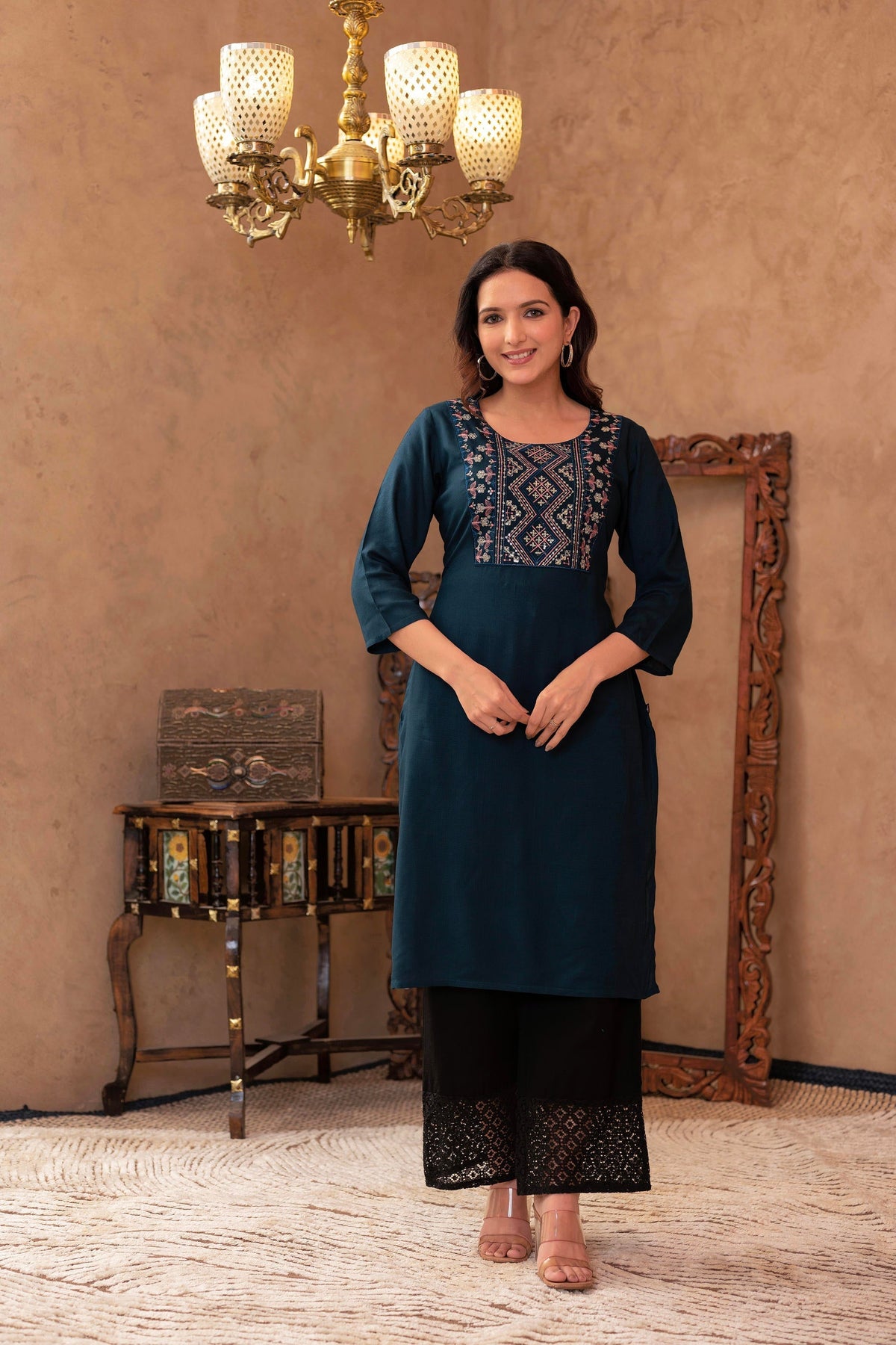 Juniper Dark Green Straight Kurta With Geometric Embroidered Yoke | Grocsy