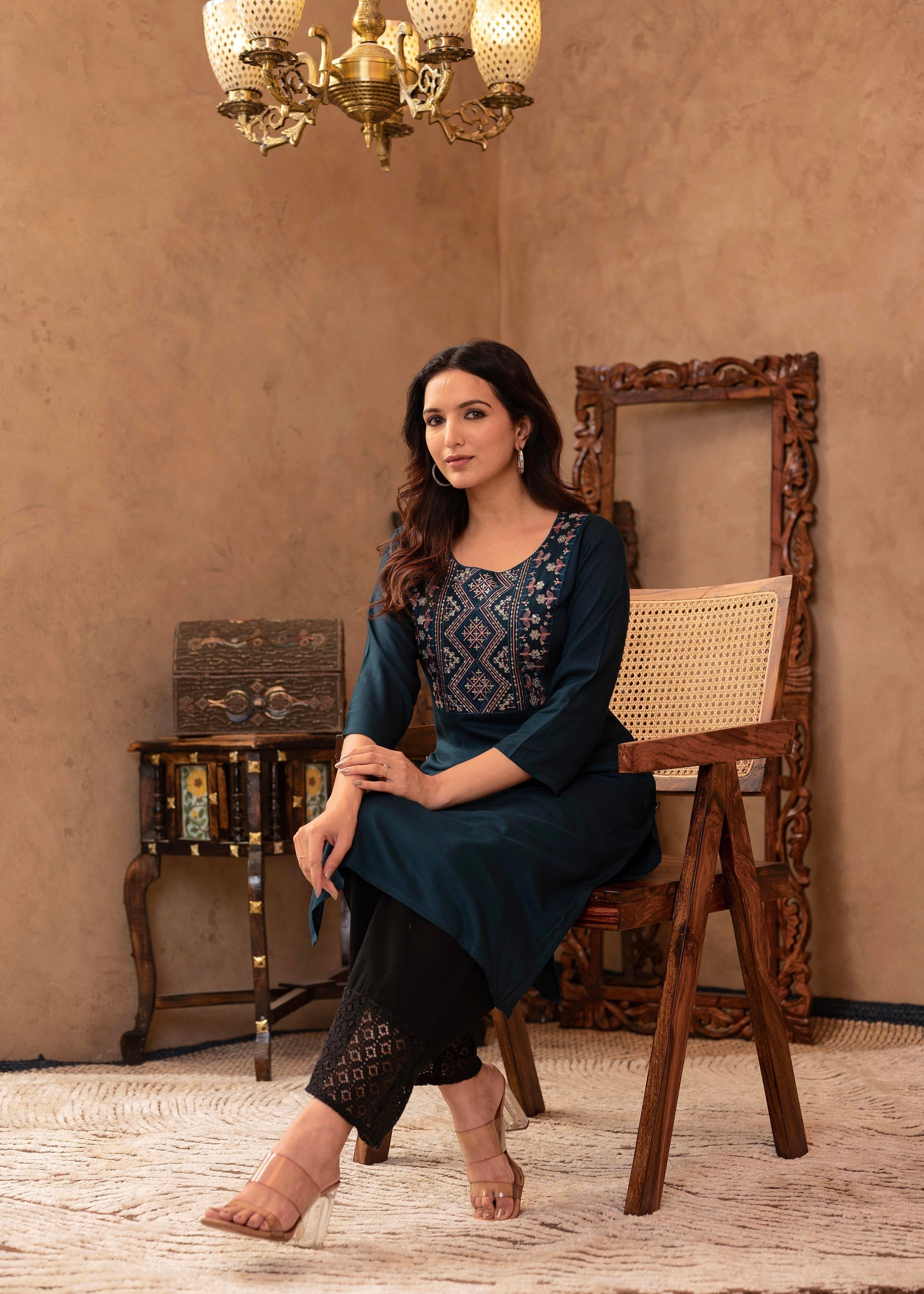 Juniper Dark Green Straight Kurta With Geometric Embroidered Yoke | Grocsy