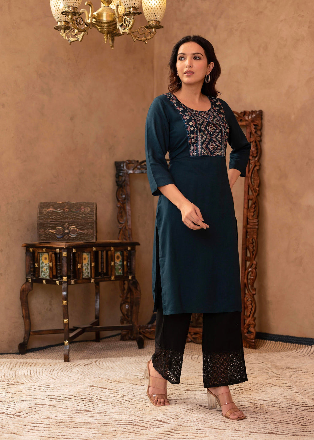 Juniper Dark Green Straight Kurta With Geometric Embroidered Yoke | Grocsy