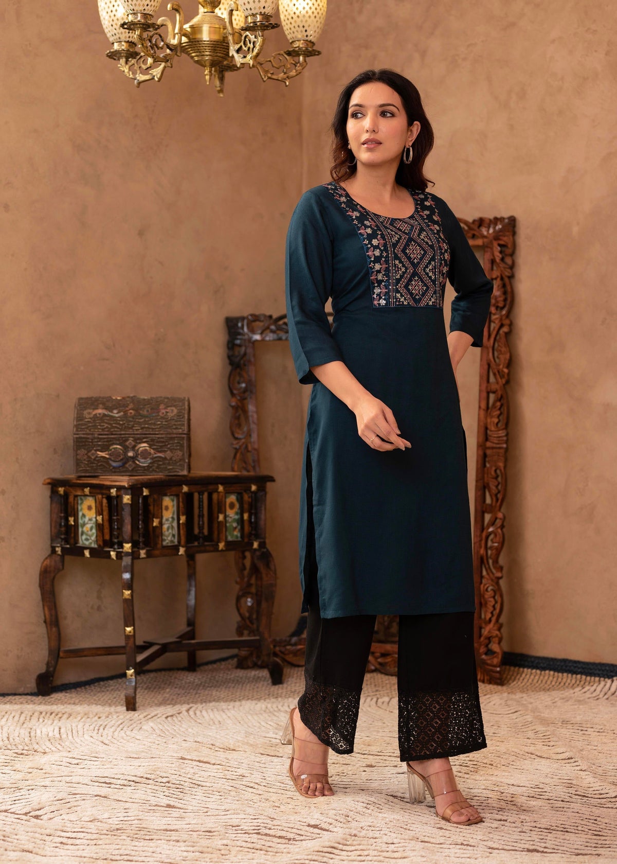 Juniper Dark Green Straight Kurta With Geometric Embroidered Yoke | Grocsy