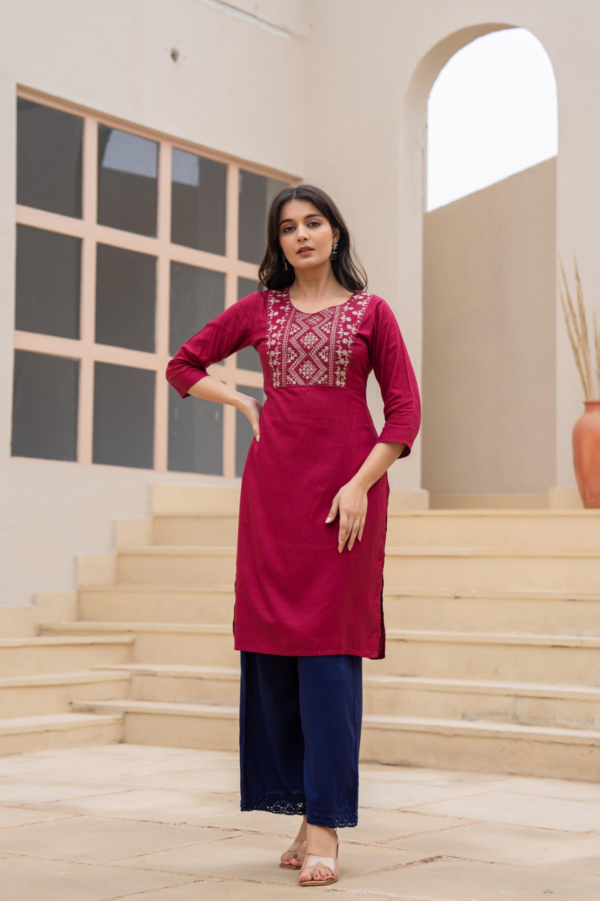 Juniper Maroon Solid Viscose Kurta With Sequins & Thread Work | Grocsy