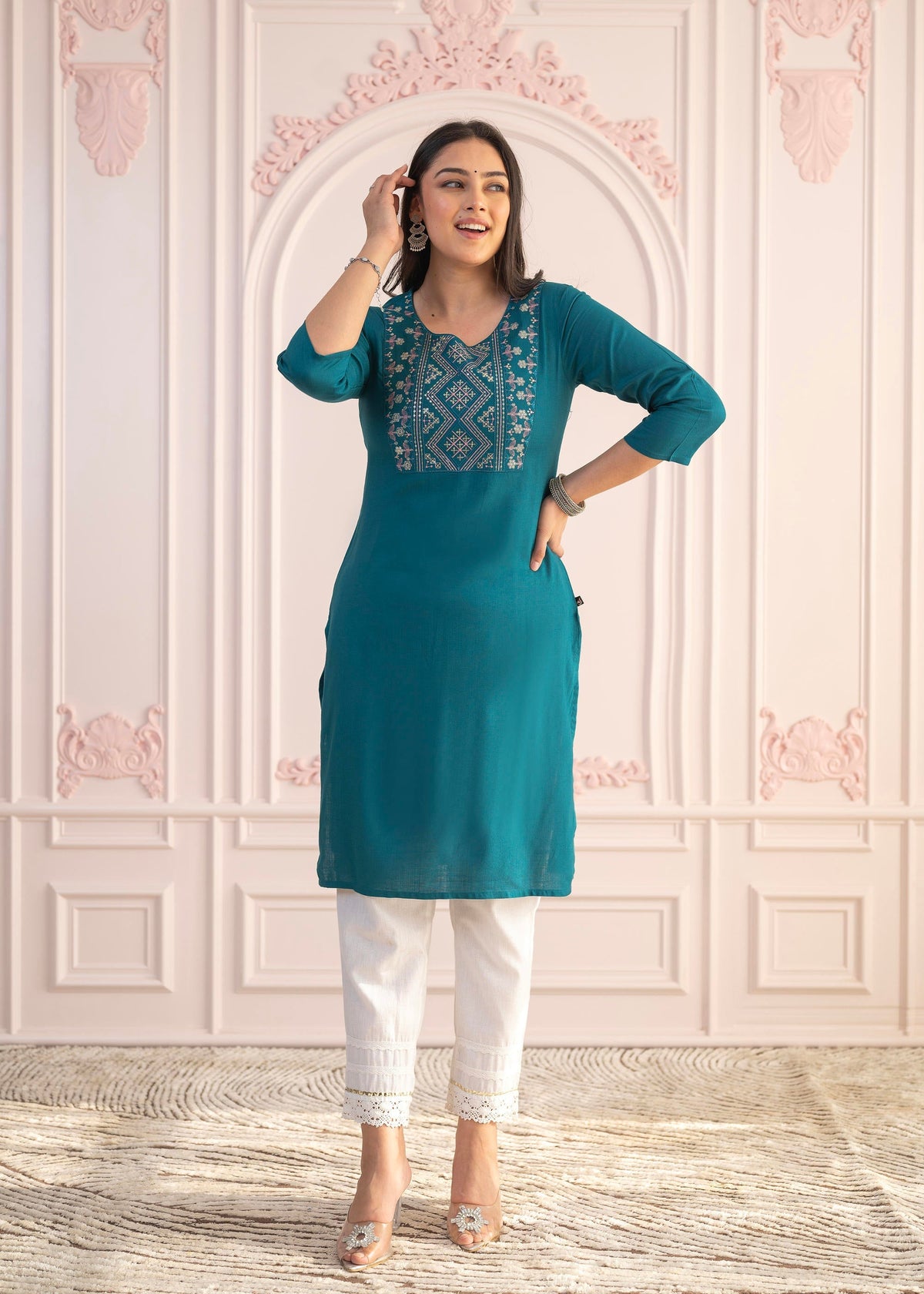 Juniper Teal Straight Kurta Set With Geometric Embroidered Yoke And White Pants | Grocsy