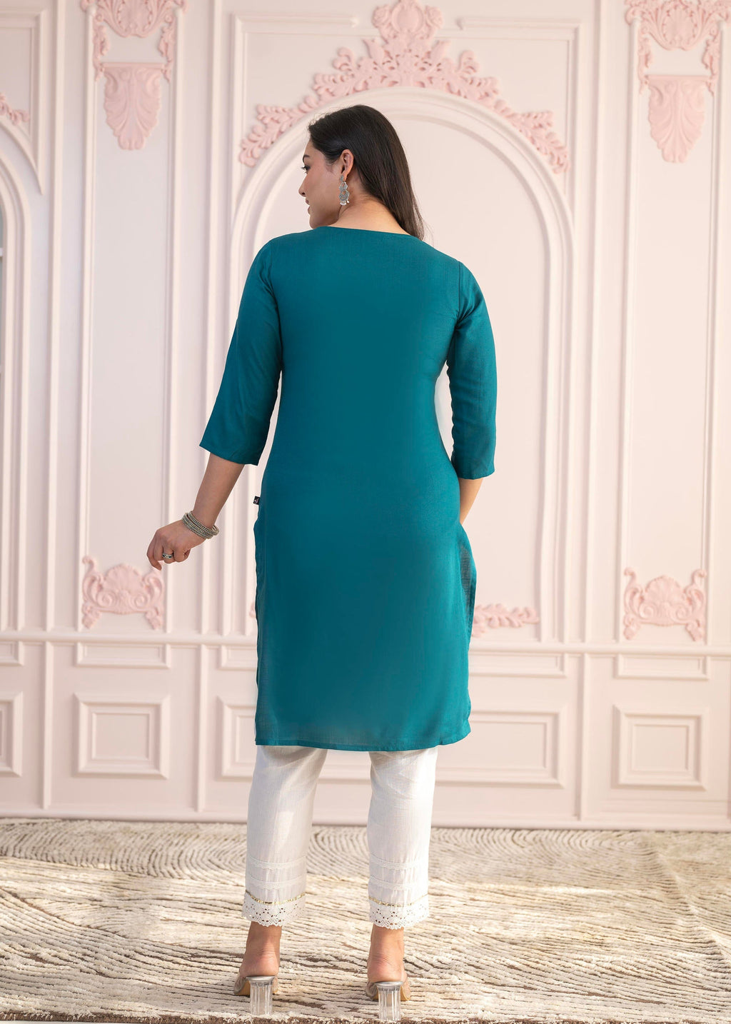 Juniper Teal Straight Kurta Set with Geometric Embroidered Yoke and White Pants | Grocsy