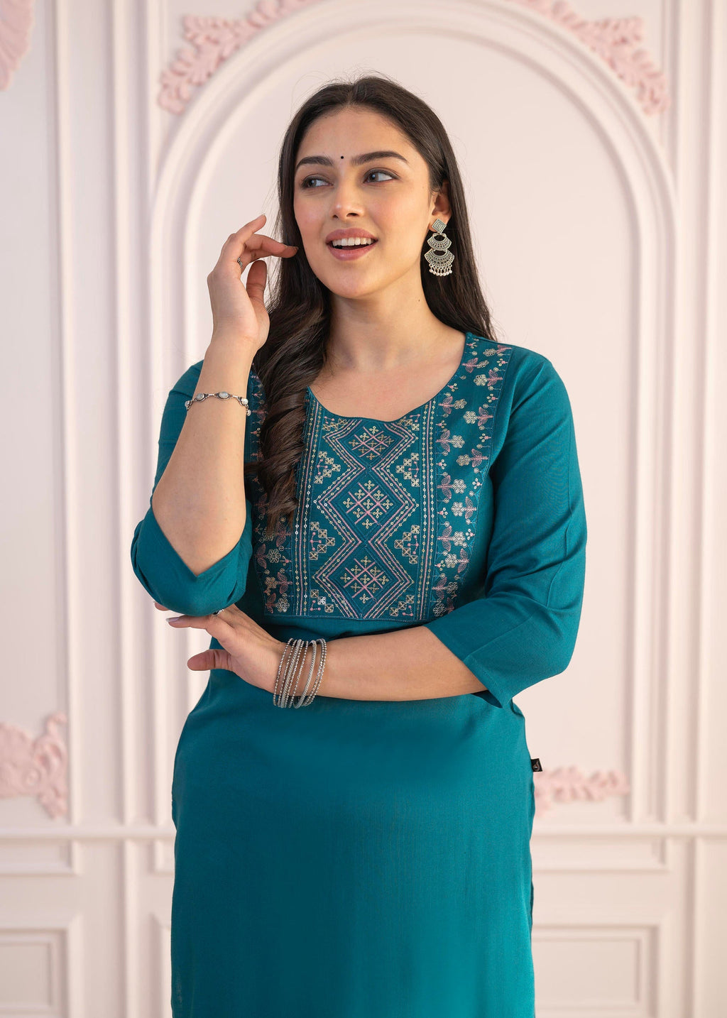 Juniper Teal Straight Kurta Set with Geometric Embroidered Yoke and White Pants | Grocsy