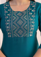 Juniper Teal Straight Kurta Set with Geometric Embroidered Yoke and White Pants | Grocsy