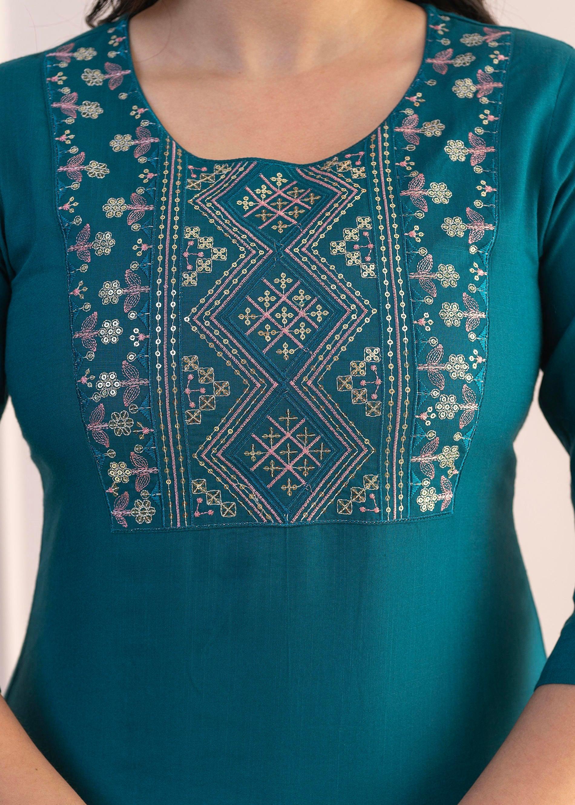 Juniper Teal Straight Kurta Set with Geometric Embroidered Yoke and White Pants | Grocsy