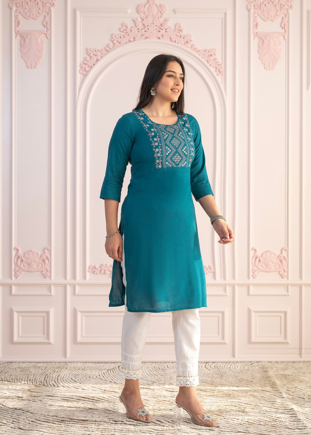 Juniper Teal Straight Kurta Set with Geometric Embroidered Yoke and White Pants | Grocsy