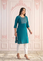 Juniper Teal Straight Kurta Set with Geometric Embroidered Yoke and White Pants | Grocsy