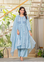 Juniper Aqua Blue Flared Embroidered Kurta Set with Dupatta | Grocsy