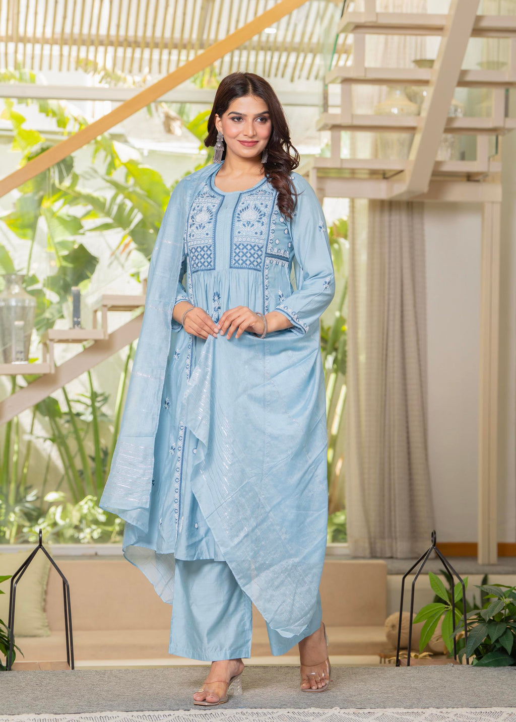 Juniper Aqua Blue Flared Embroidered Kurta Set with Dupatta | Grocsy