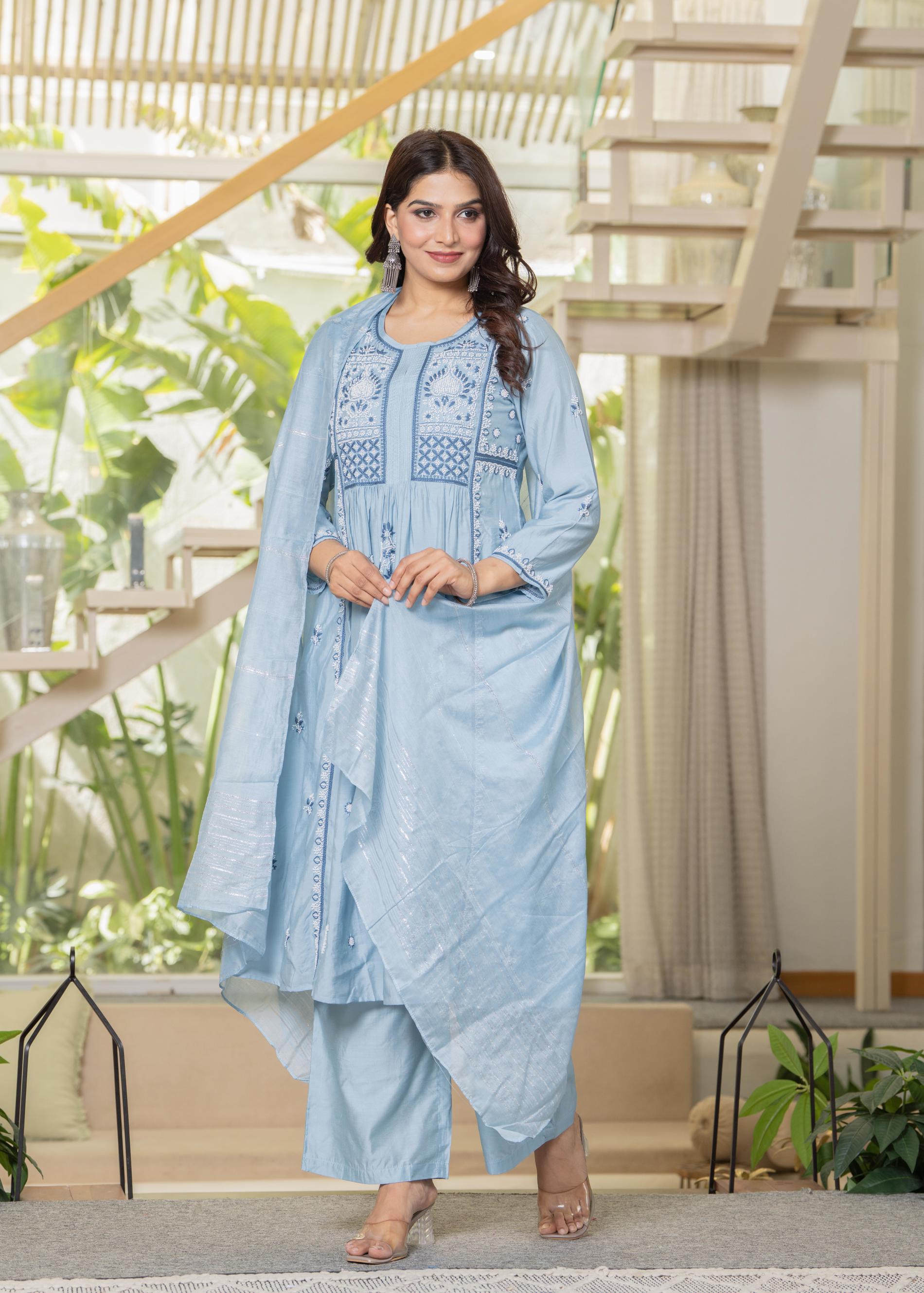 Juniper Aqua Blue Flared Embroidered Kurta Set with Dupatta | Grocsy