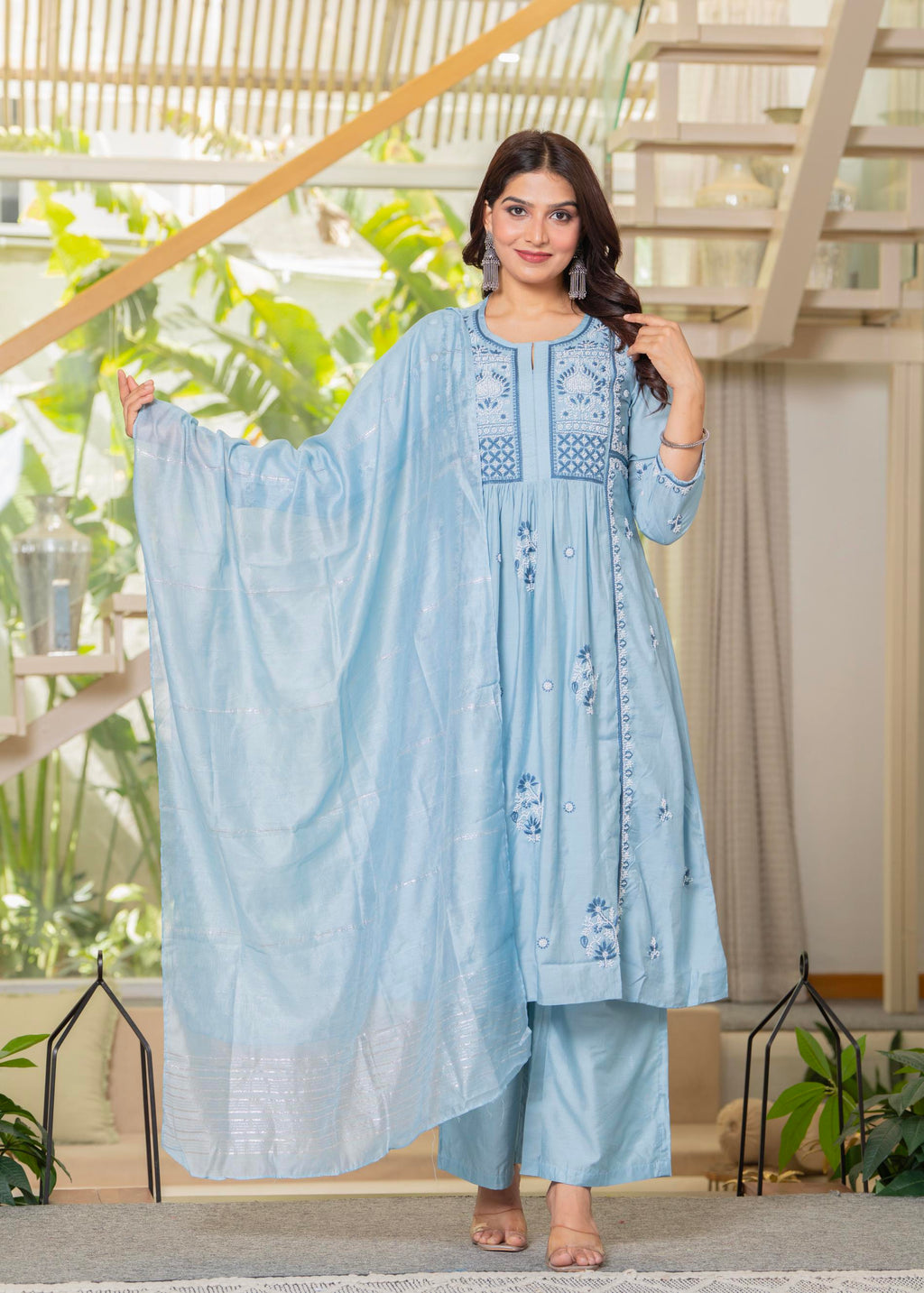 Juniper Aqua Blue Flared Embroidered Kurta Set with Dupatta | Grocsy