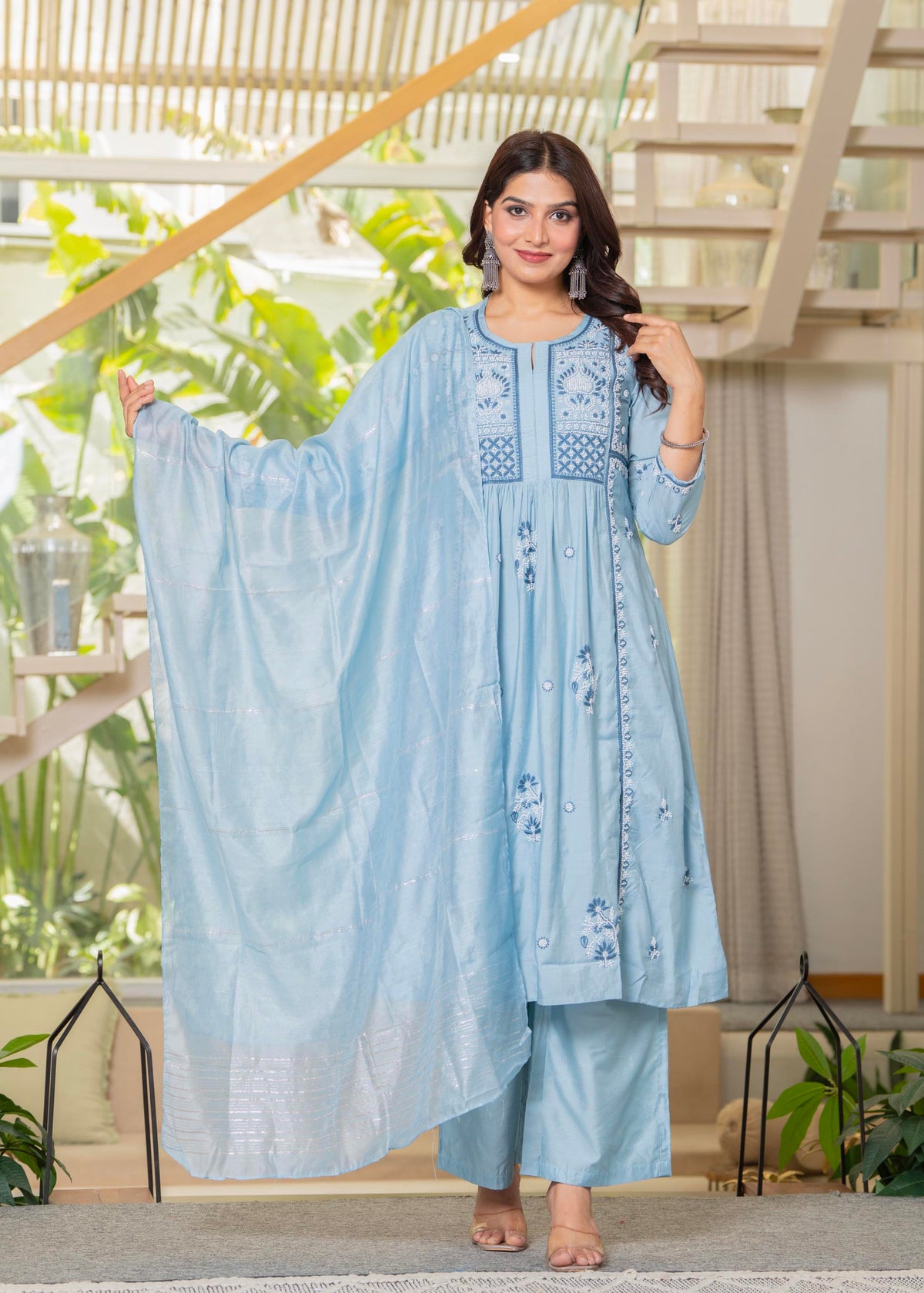 Juniper Aqua Blue Flared Embroidered Kurta Set with Dupatta | Grocsy