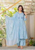 Juniper Aqua Blue Flared Embroidered Kurta Set With Dupatta | Grocsy