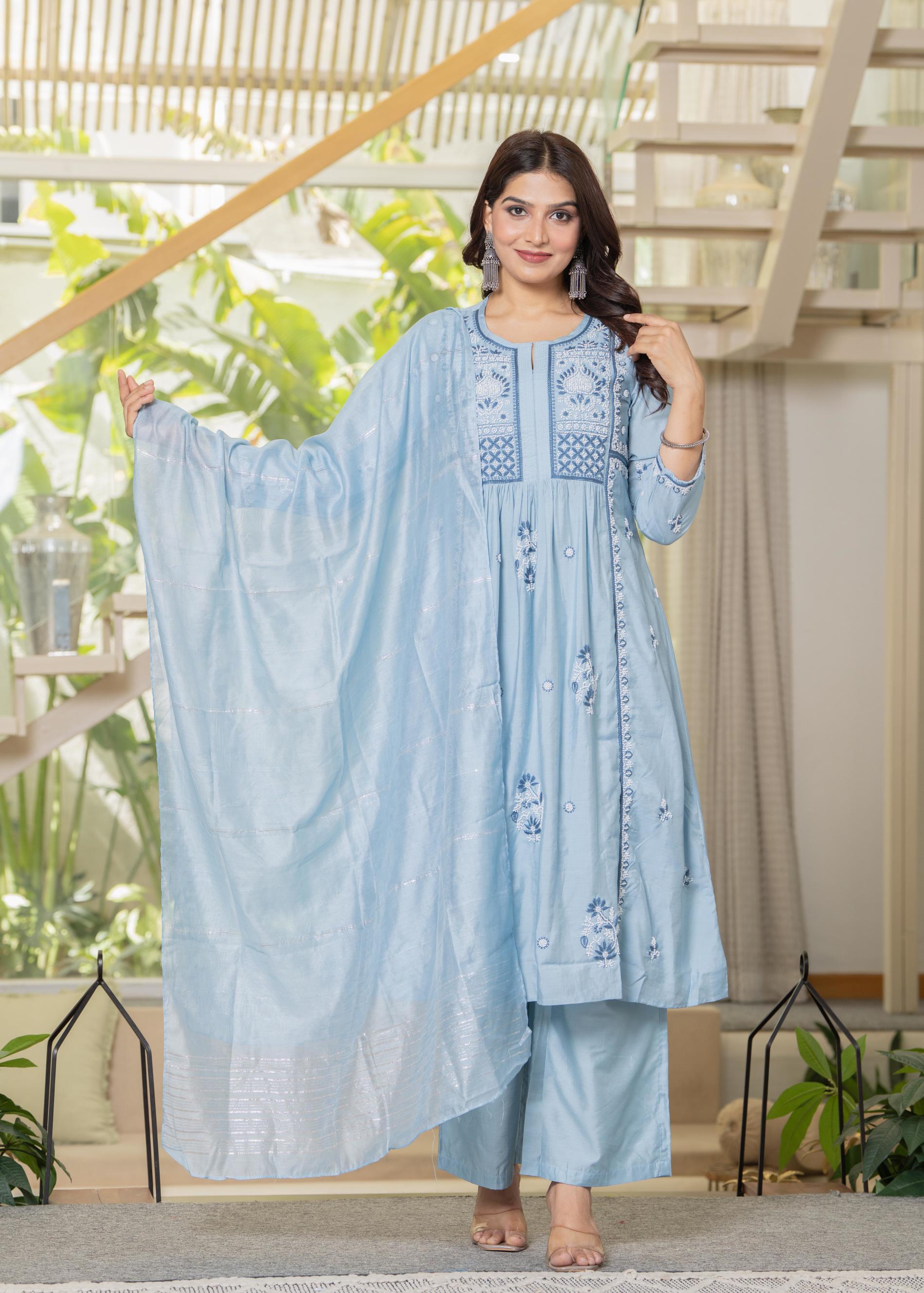 Juniper Aqua Blue Flared Embroidered Kurta Set With Dupatta | Grocsy
