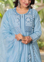 Juniper Aqua Blue Flared Embroidered Kurta Set with Dupatta | Grocsy
