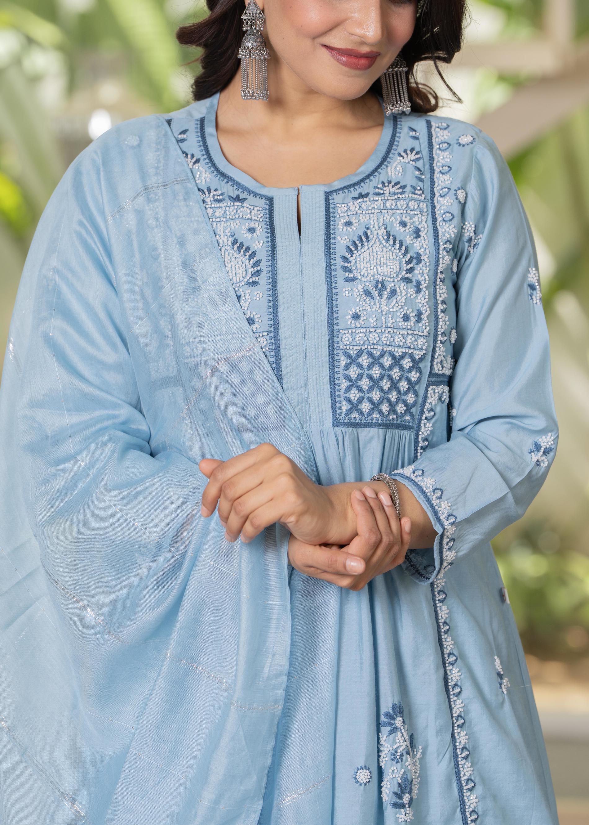 Juniper Aqua Blue Flared Embroidered Kurta Set with Dupatta | Grocsy