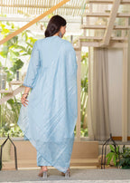 Juniper Aqua Blue Flared Embroidered Kurta Set with Dupatta | Grocsy