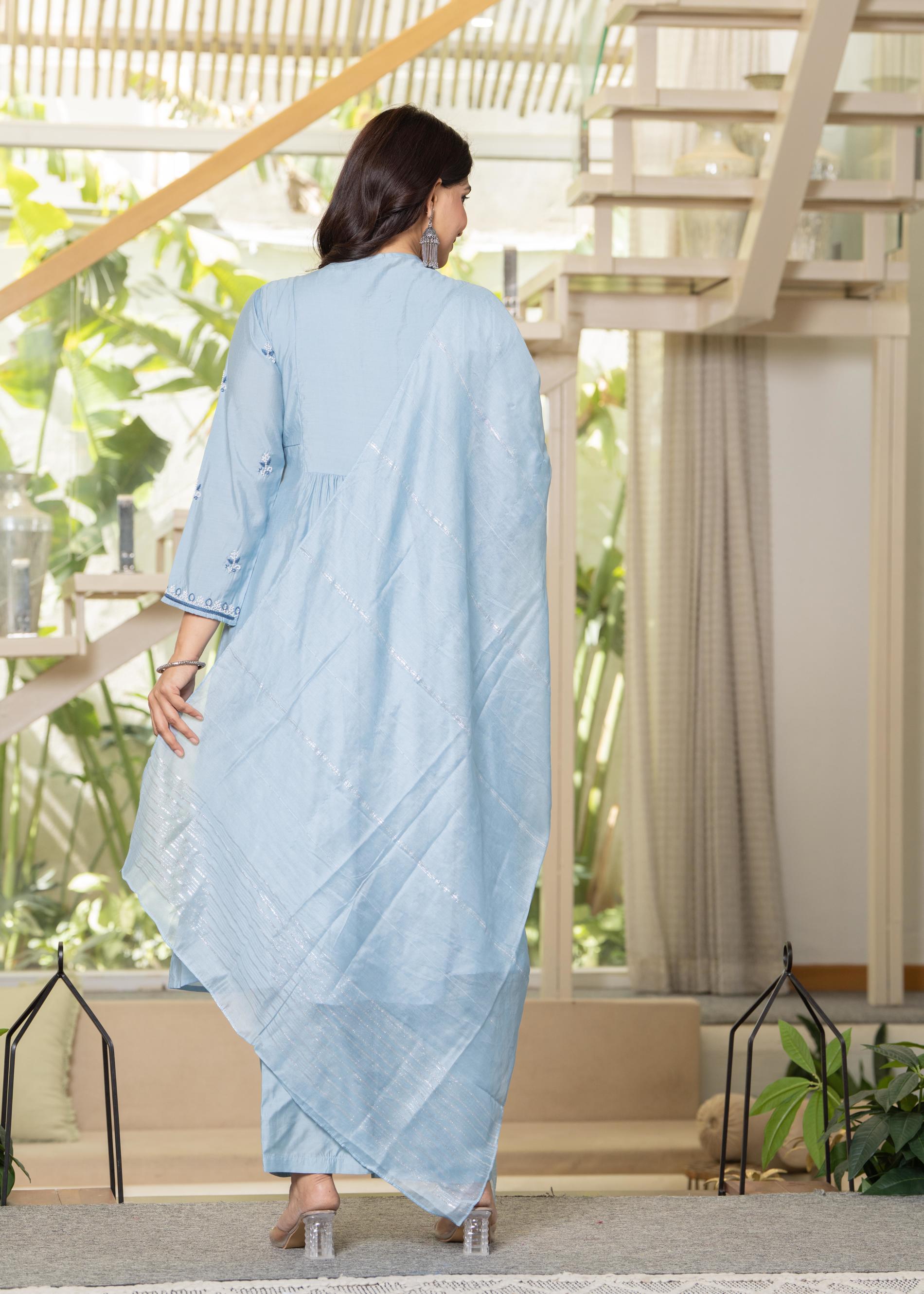 Juniper Aqua Blue Flared Embroidered Kurta Set with Dupatta | Grocsy