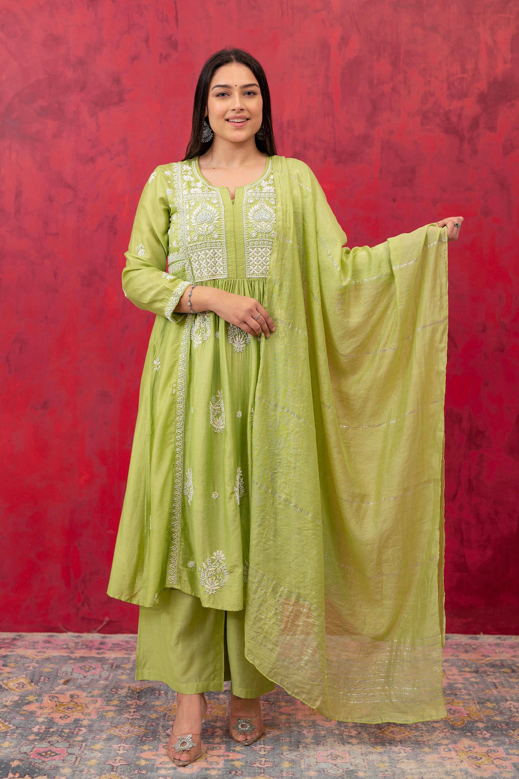 Juniper Lime Green Chanderi Kurta Pant Dupatta Set with Thread & Bead Work | Grocsy