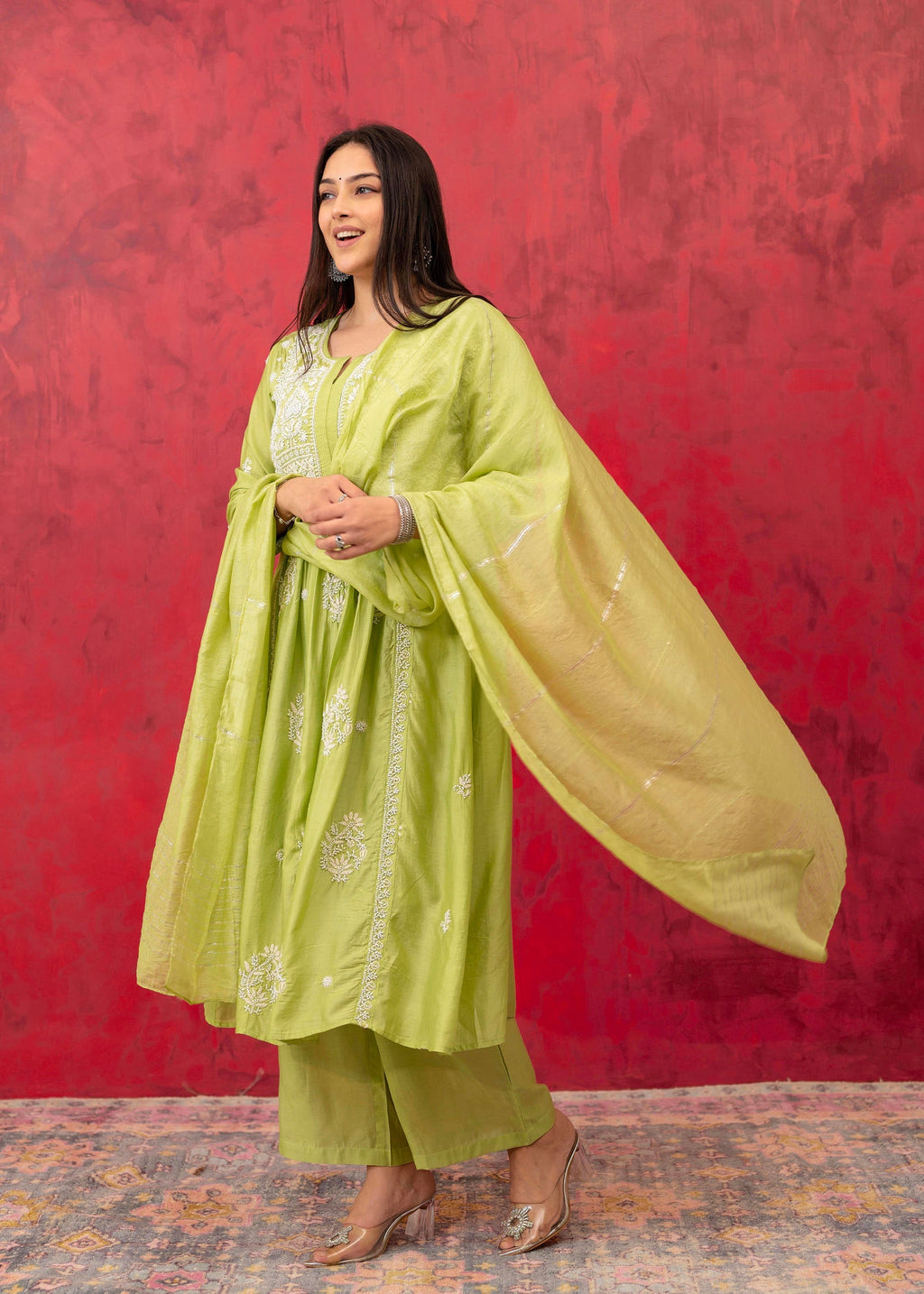 Juniper Lime Green Chanderi Kurta Pant Dupatta Set with Thread & Bead Work | Grocsy