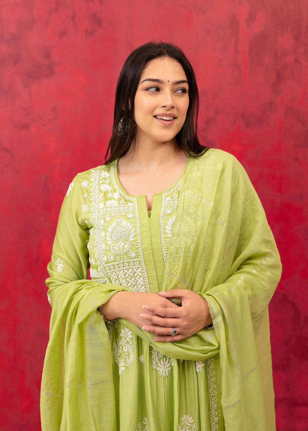 Juniper Lime Green Chanderi Kurta Pant Dupatta Set with Thread & Bead Work | Grocsy