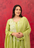 Juniper Lime Green Chanderi Kurta Pant Dupatta Set with Thread & Bead Work | Grocsy