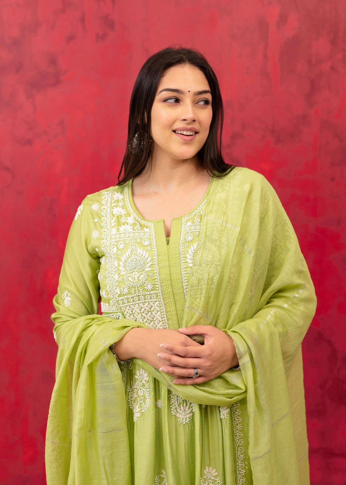 Juniper Lime Green Chanderi Kurta Pant Dupatta Set with Thread & Bead Work | Grocsy