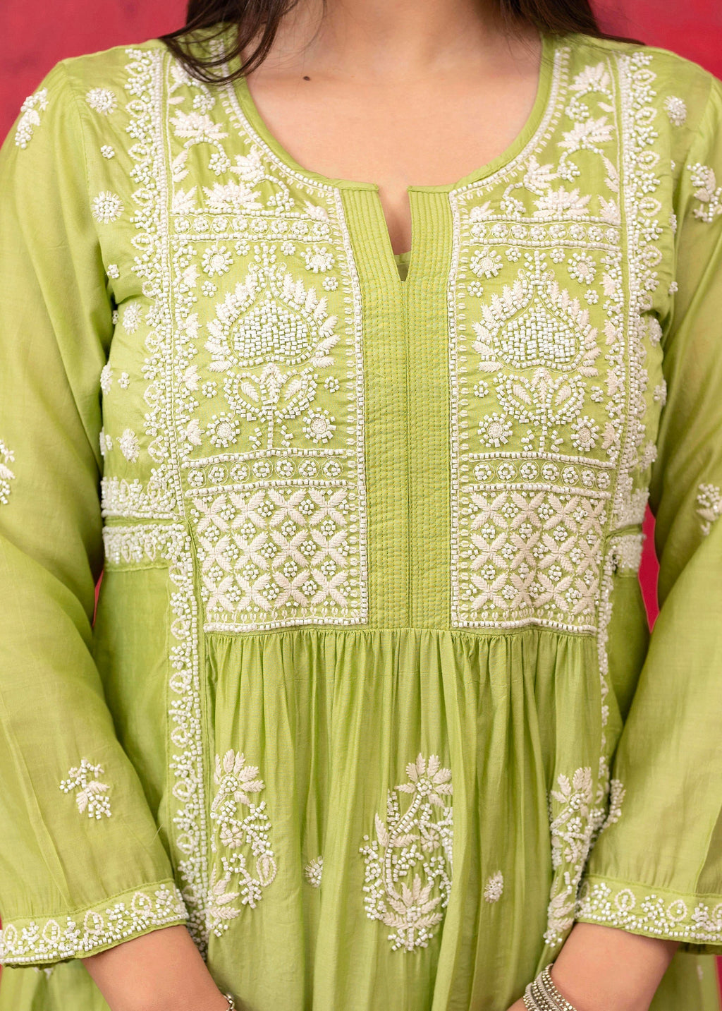Juniper Lime Green Chanderi Kurta Pant Dupatta Set with Thread & Bead Work | Grocsy