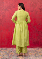Juniper Lime Green Chanderi Kurta Pant Dupatta Set with Thread & Bead Work | Grocsy
