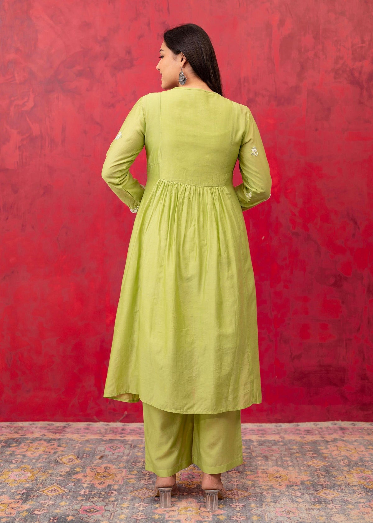 Juniper Lime Green Chanderi Kurta Pant Dupatta Set with Thread & Bead Work | Grocsy