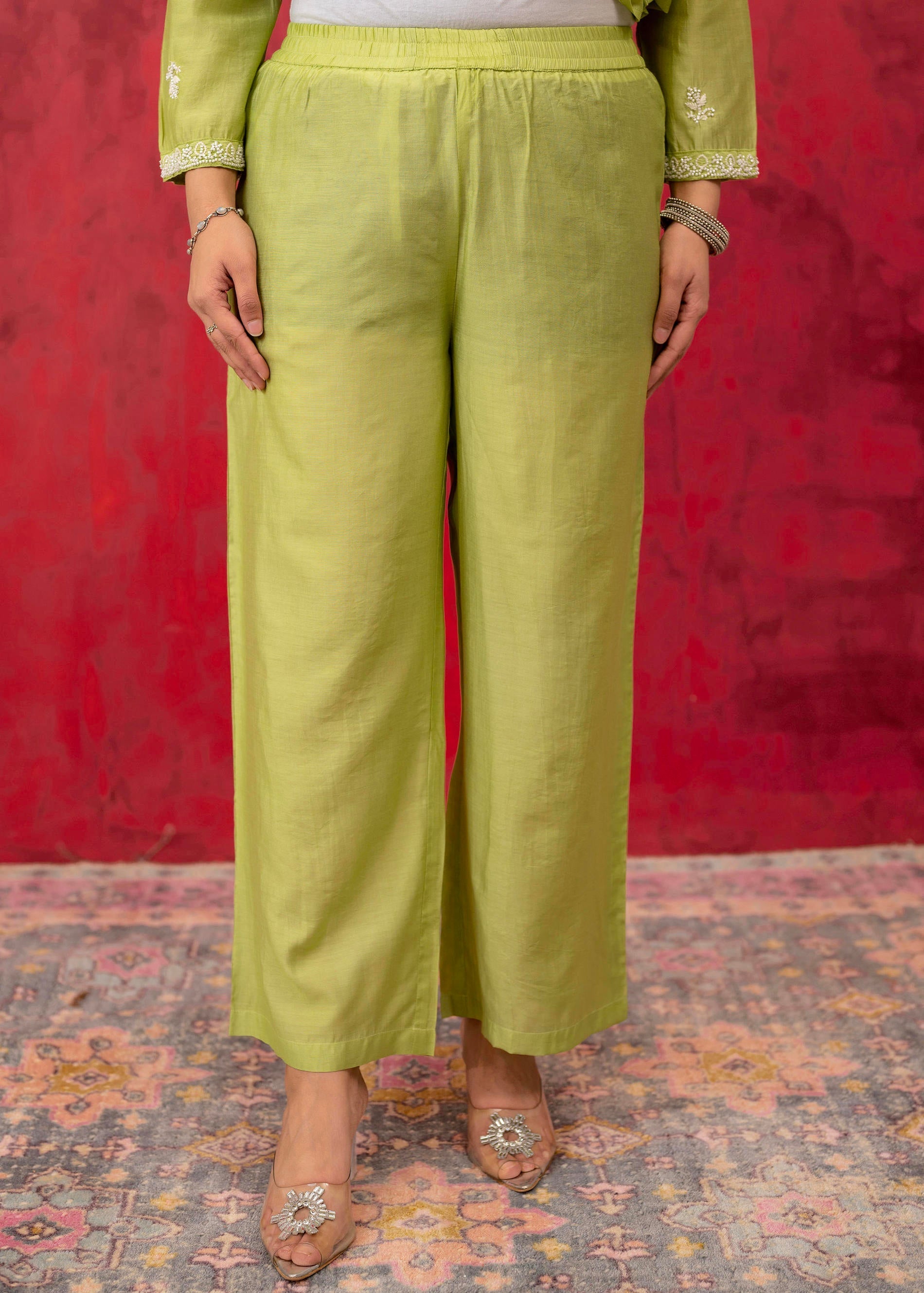 Juniper Lime Green Chanderi Kurta Pant Dupatta Set with Thread & Bead Work | Grocsy