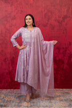 Juniper Lavender Embroidered Floral Chanderi Kurta with Palazzo & Dupatta | Grocsy