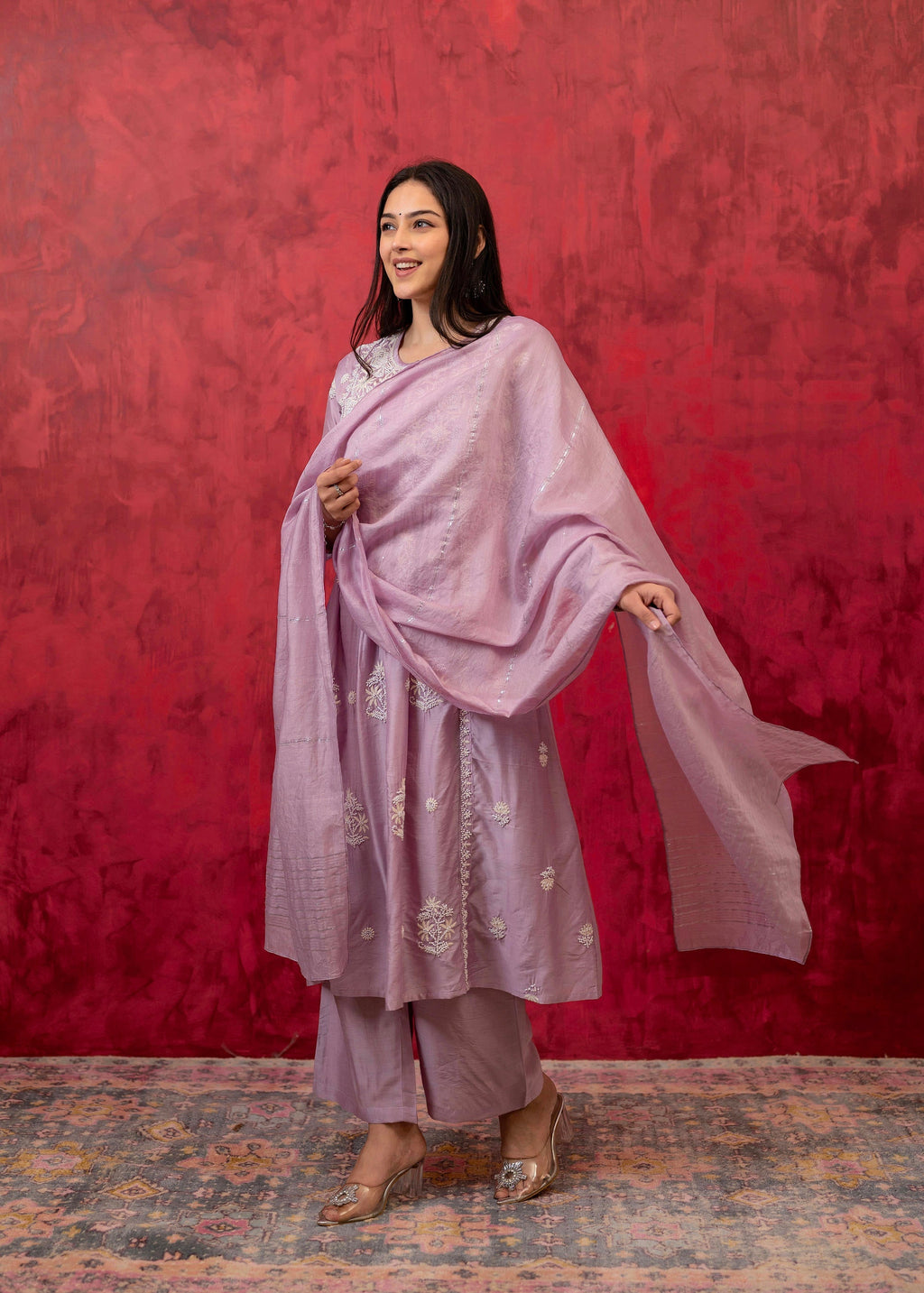 Juniper Lavender Embroidered Floral Chanderi Kurta with Palazzo & Dupatta | Grocsy