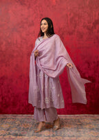 Juniper Lavender Embroidered Floral Chanderi Kurta with Palazzo & Dupatta | Grocsy