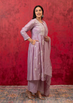 Juniper Lavender Embroidered Floral Chanderi Kurta with Palazzo & Dupatta | Grocsy