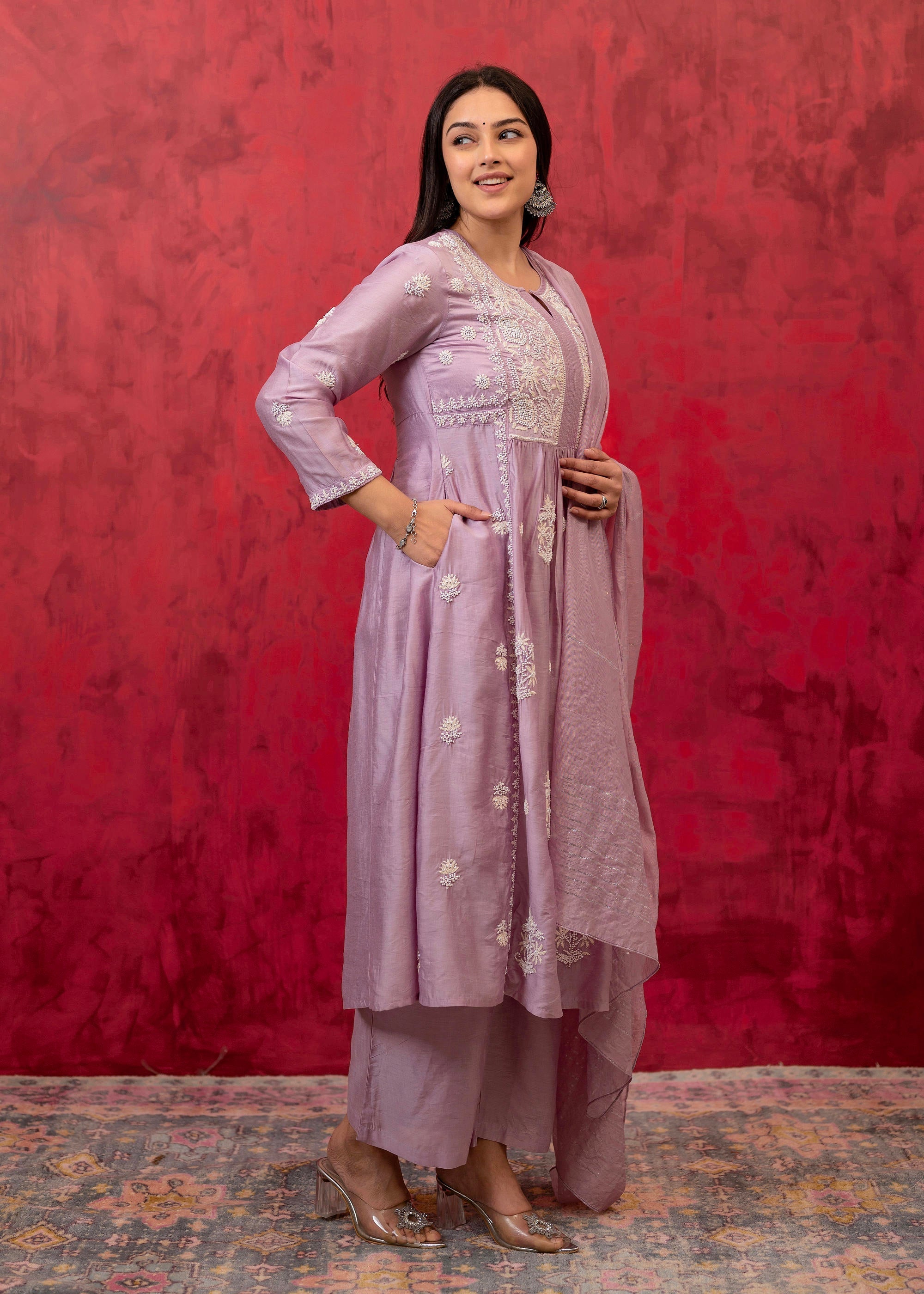 Juniper Lavender Embroidered Floral Chanderi Kurta with Palazzo & Dupatta | Grocsy