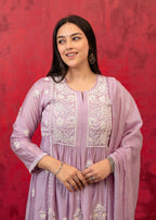 Juniper Lavender Embroidered Floral Chanderi Kurta with Palazzo & Dupatta | Grocsy
