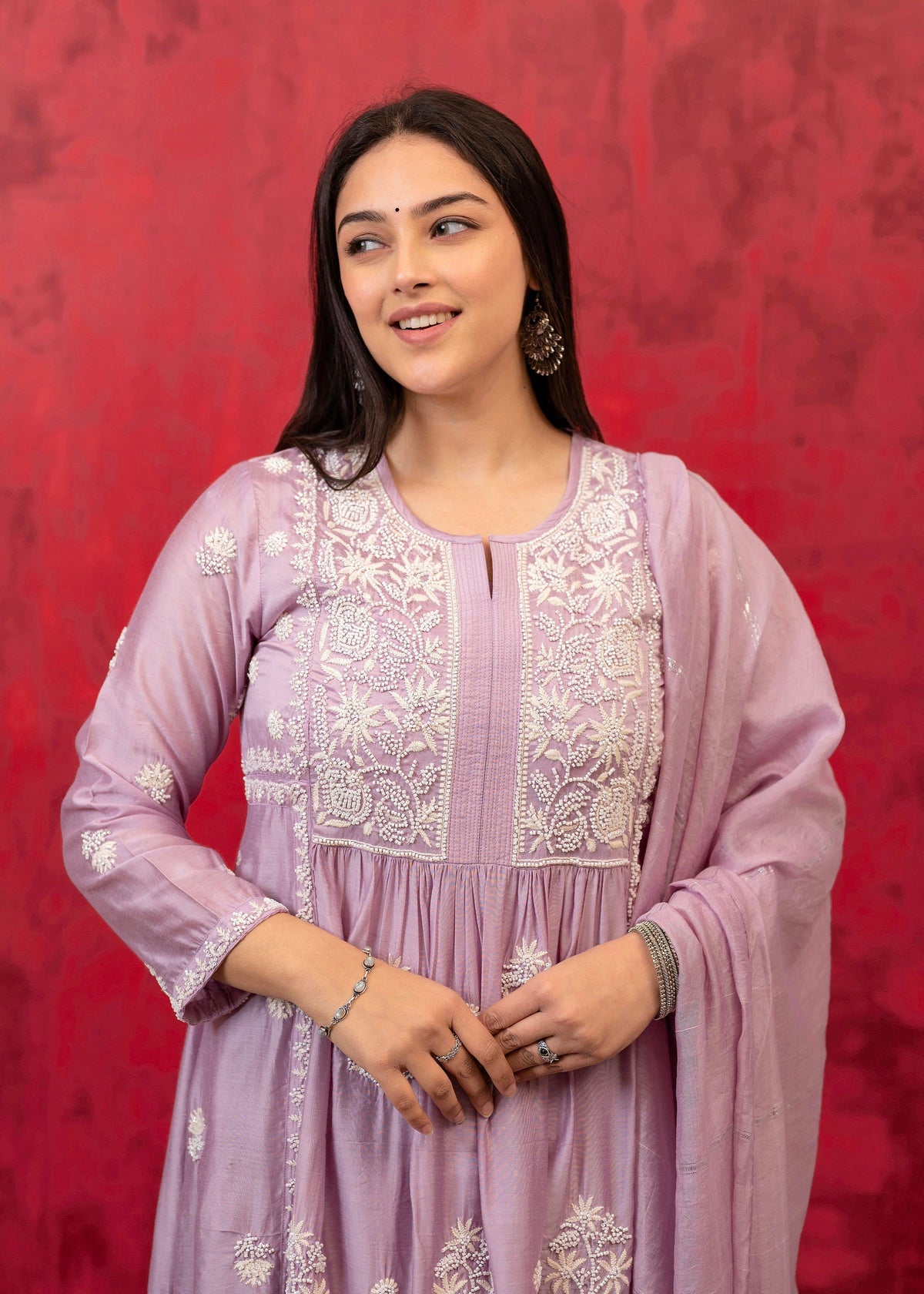 Juniper Lavender Embroidered Floral Chanderi Kurta With Palazzo & Dupatta | Grocsy