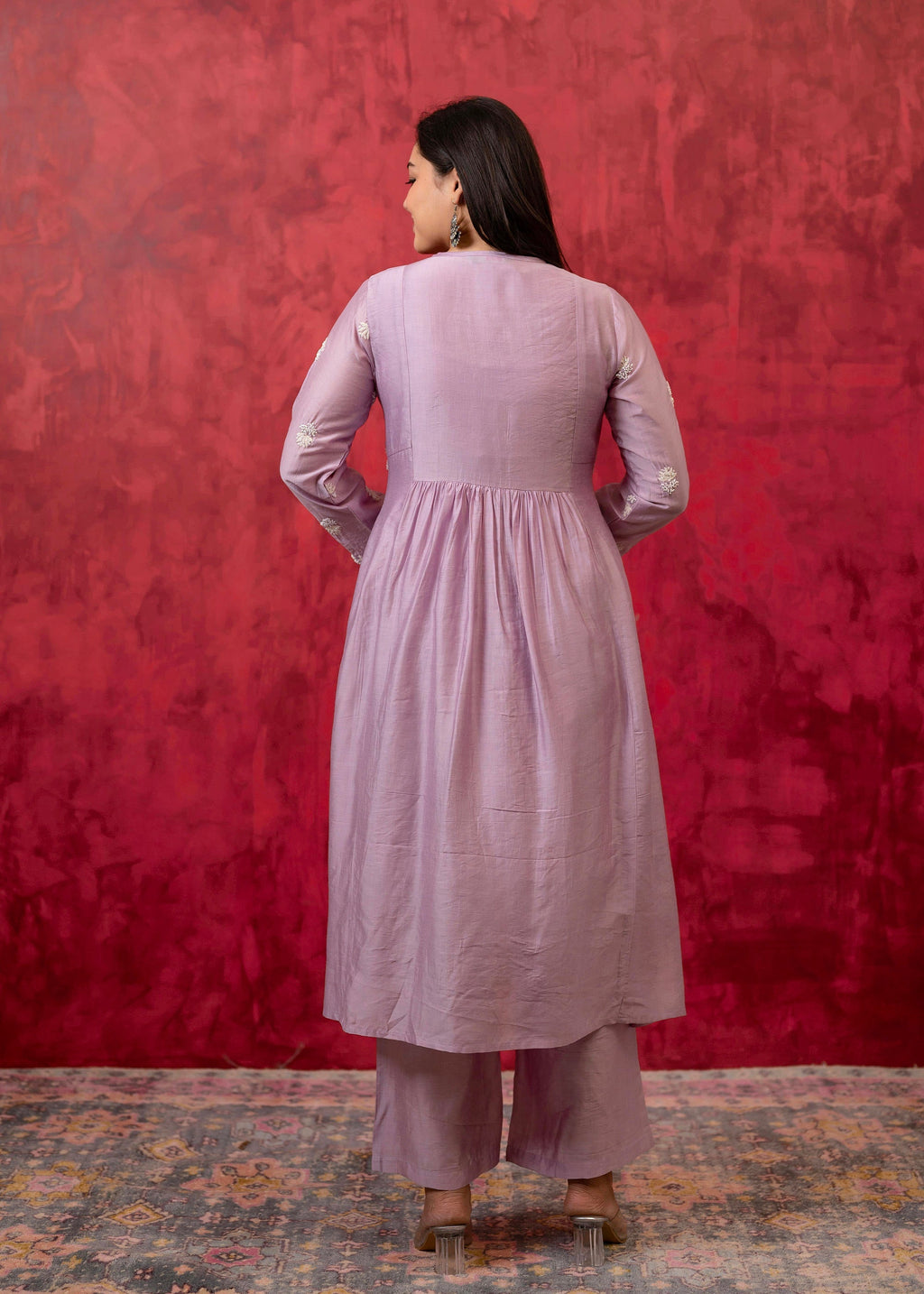 Juniper Lavender Embroidered Floral Chanderi Kurta with Palazzo & Dupatta | Grocsy