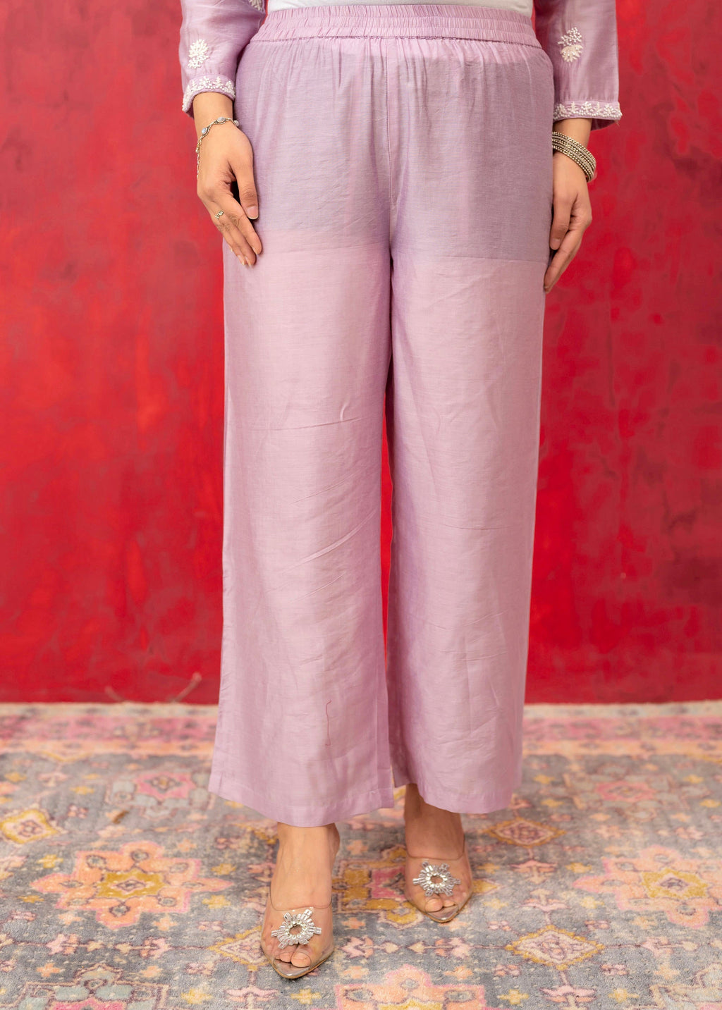 Juniper Lavender Embroidered Floral Chanderi Kurta with Palazzo & Dupatta | Grocsy