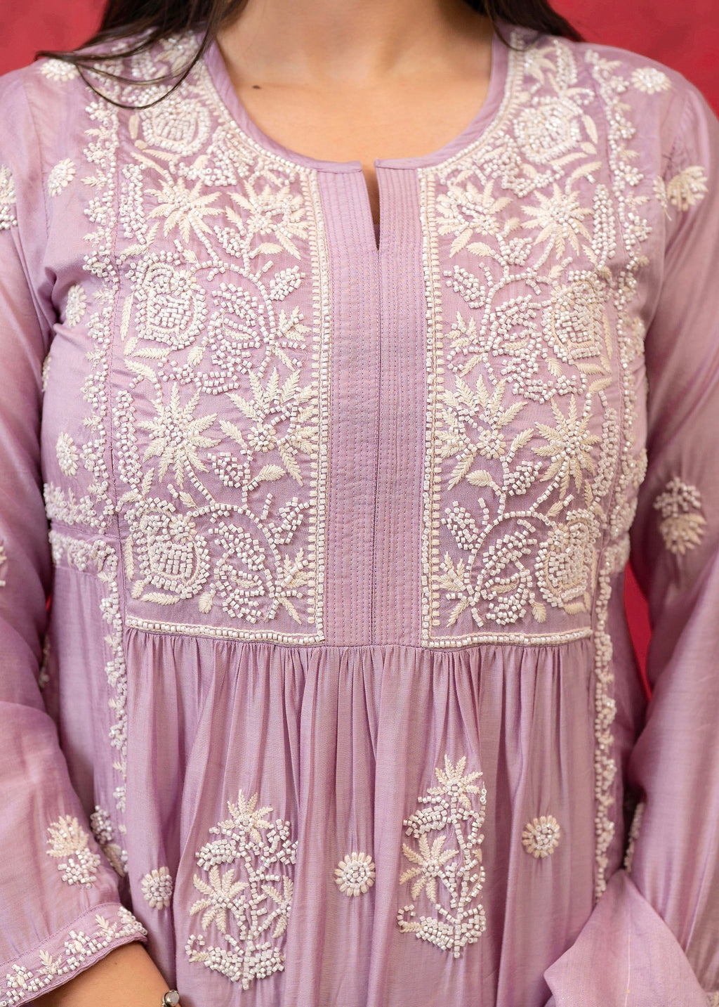 Juniper Lavender Embroidered Floral Chanderi Kurta with Palazzo & Dupatta | Grocsy